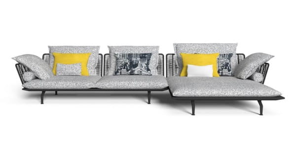 TALENTI CRUISE ALU Outdoor Sofa mit Recamiere in Aluminium & Seil graphite mit Polstern weissgrau