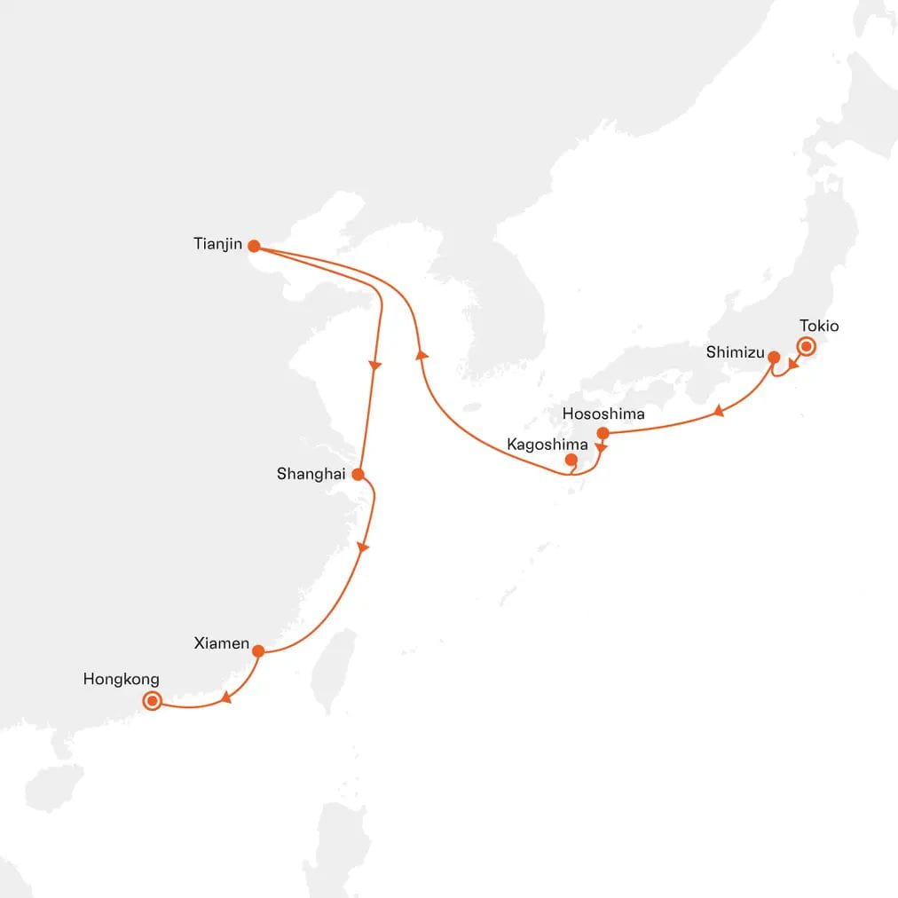 Routenkarte EUX2708 Tokio bis Hongkong mit Hapag-Lloyd Cruises MS EUROPA 2