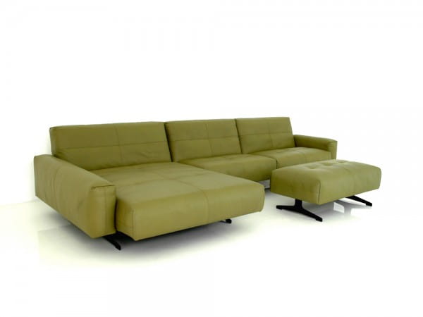 Rolf Benz RB 50 Sofa mit XL Longchair und Hocker in Leder schilfgrün mit Kufen in schwarz