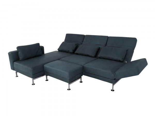 Brühl MOULE medium Sofa mit Recamiere links und Hocker in Naturleder OLIVA grau mit Chromkufen-