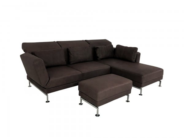Brühl MOULE medium Sofa mit Recamiere rechts und Hocker in Naturleder OLIVA dunkelbraun mit Chromkuf