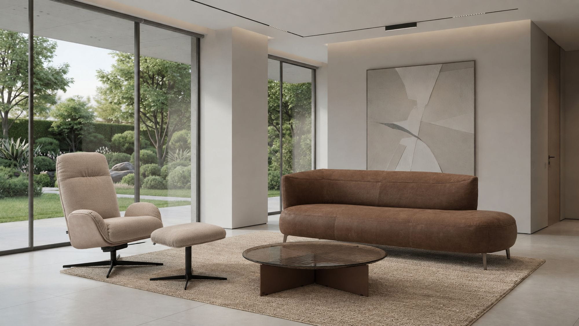 ROLF BENZ ELVA Sofa mit JOSS Sessel und Couchtisch 970 als Beispiel einer leichten Raumplanung