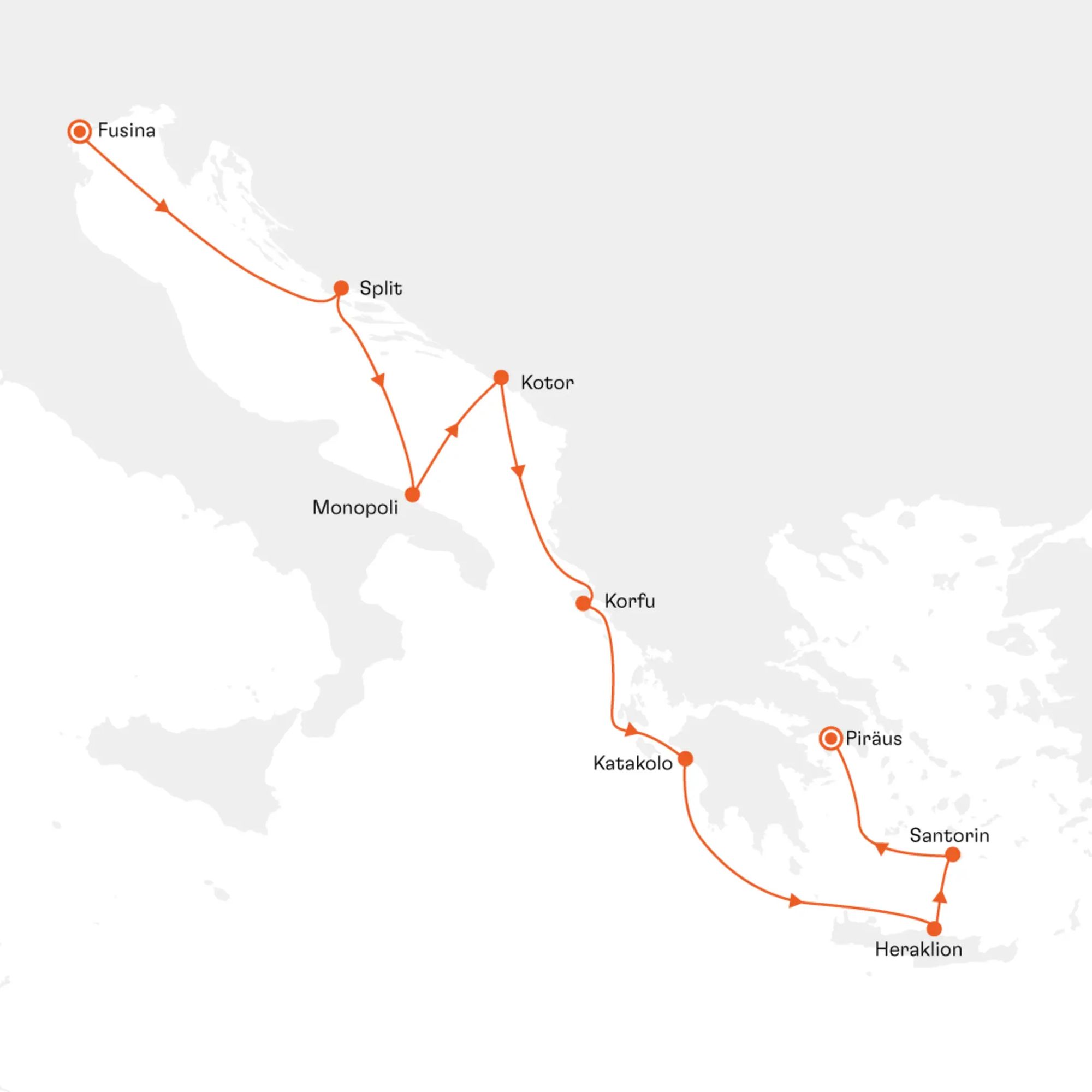 Routenkarte EUR2622 Fusina Venedig Piräus Athen Hapag-Lloyd Cruises