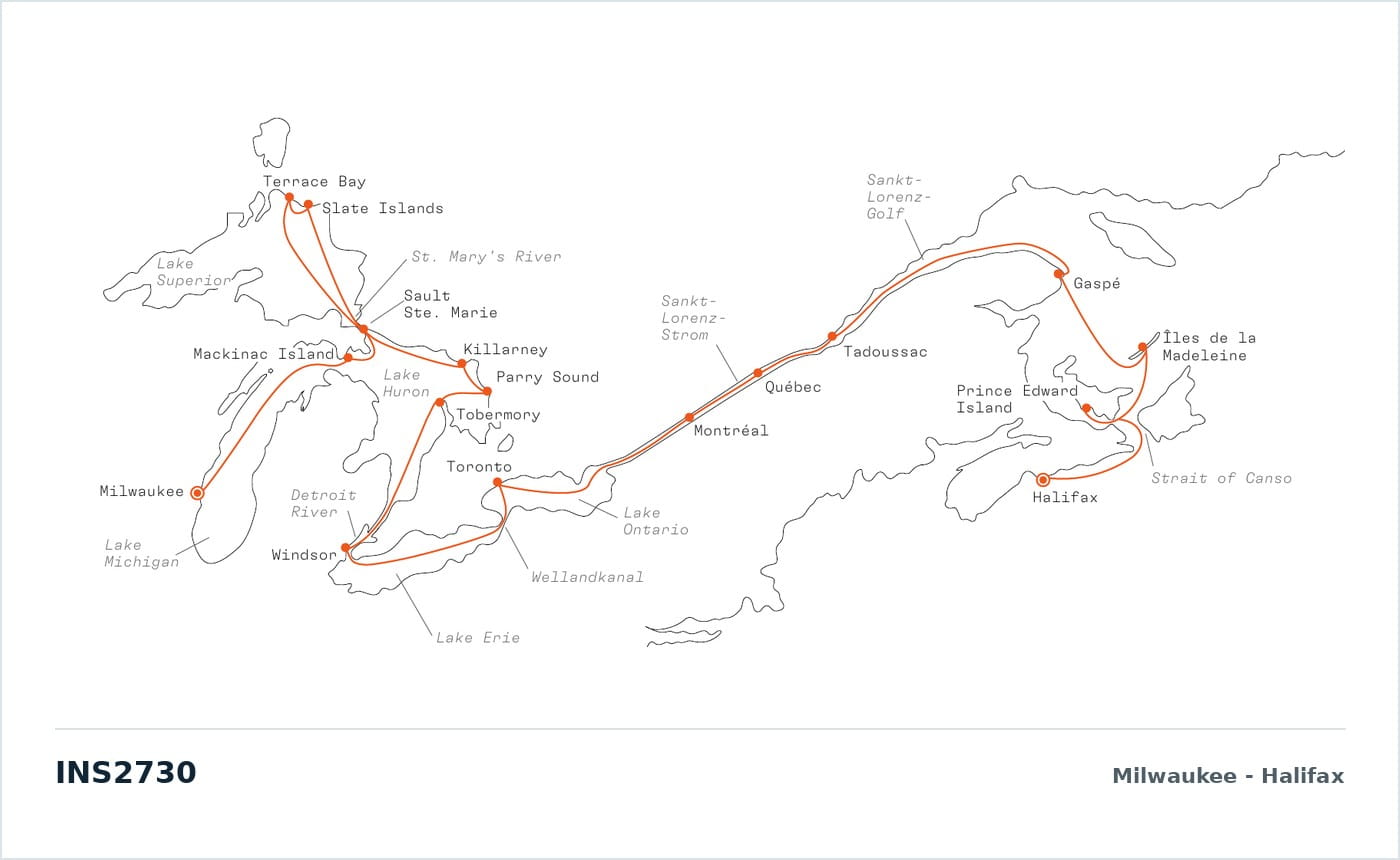 Originale Hapag-Lloyd Cruises Routenkarte INS2730 Milwaukee über alle fünf Great Lakes und den Sankt-Lorenz-Strom bis Halifax