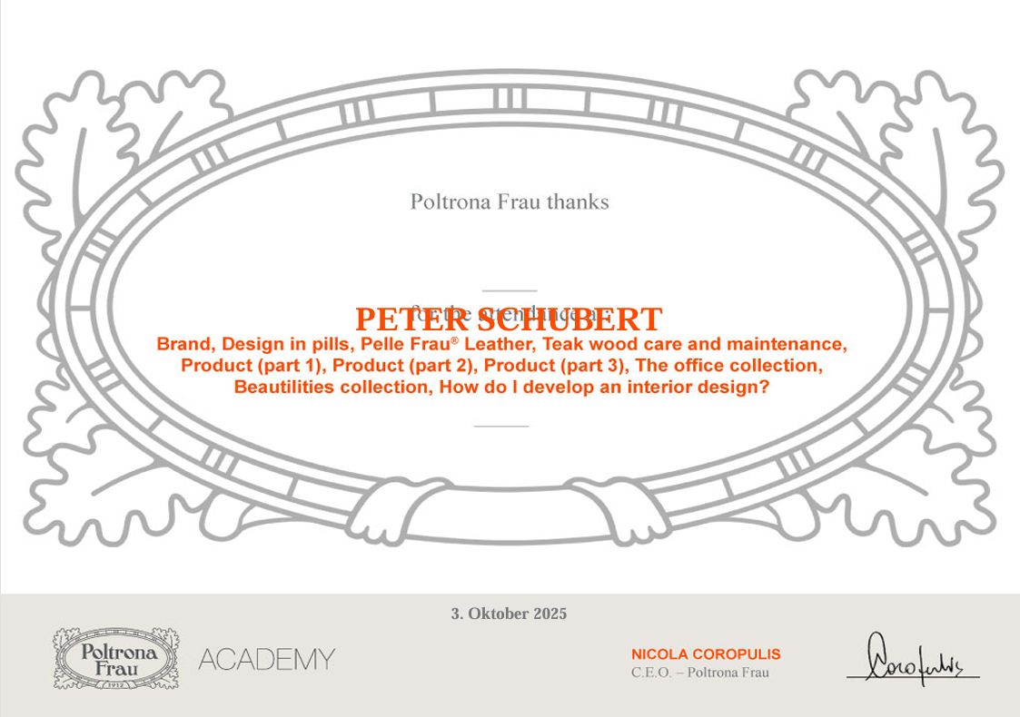 Poltrona Frau Academy Zertifikat Schubert Peter