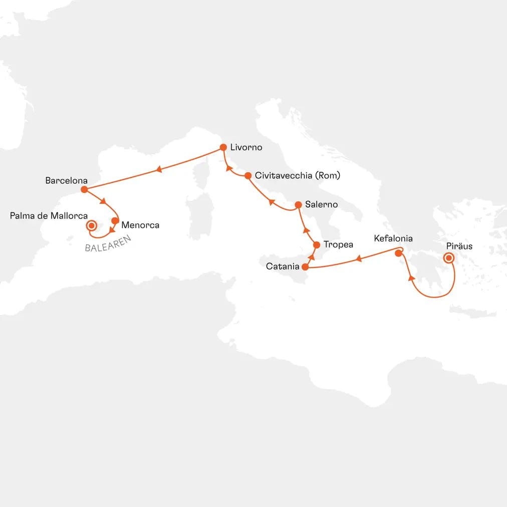 Routenkarte EUX2623 Piräus Athen bis Palma de Mallorca mit Hapag-Lloyd Cruises MS EUROPA 2