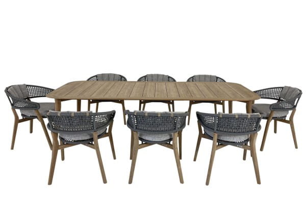 TALENTI MOON TEAK Esstisch mit 8 Stück Stühlen und Polstern grau für Garten & Terrasse