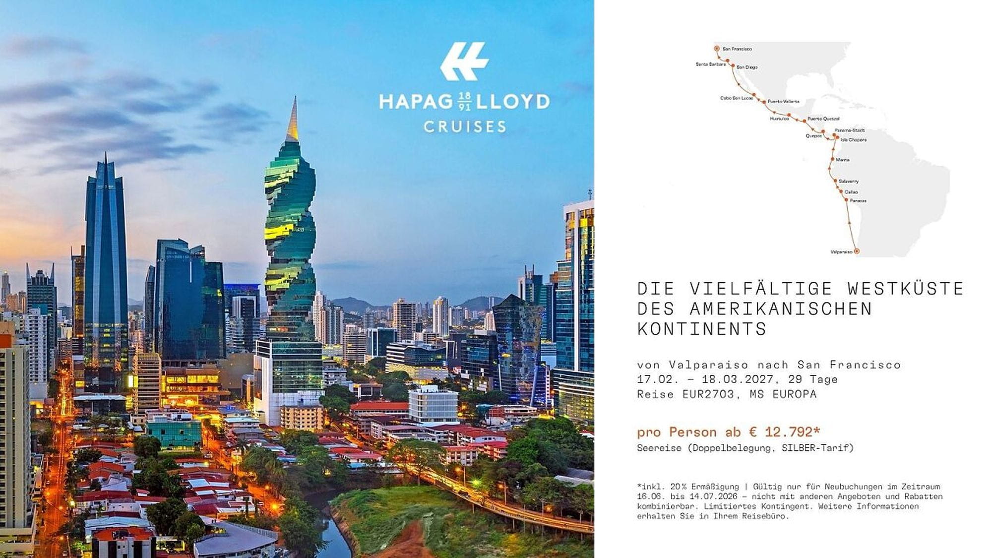 Hapag-Lloyd Cruises EUR2703 Valparaiso San Francisco Summer Promotion