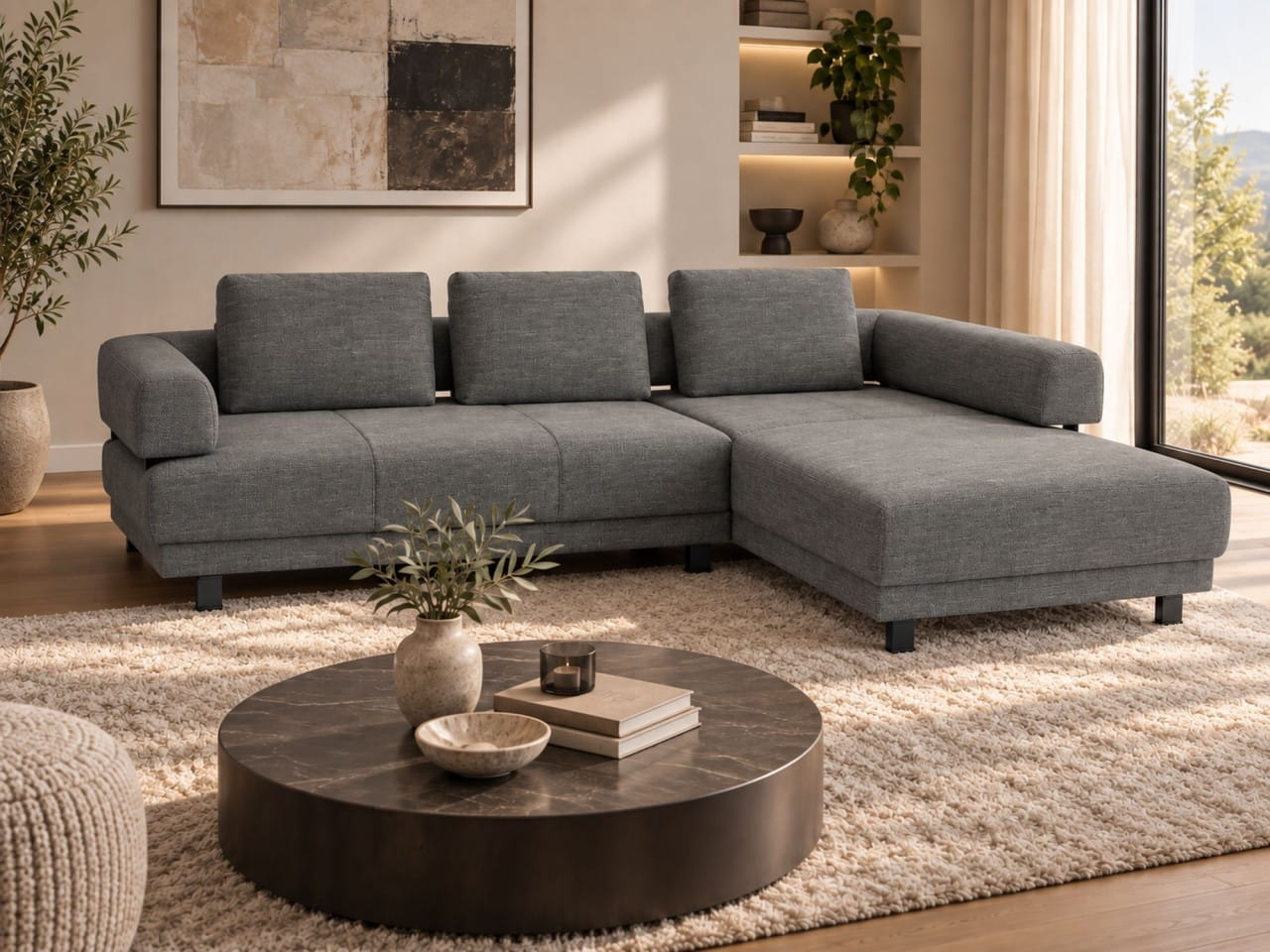 Ewald Schillig SKIN Sofa mit Recamiere rechts und motorischen Sitzvorzug im robusten Stoff 15.805/04