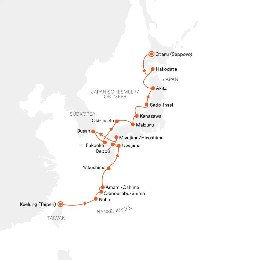 Routenkarte SPI2809 Keelung Taipeh bis Otaru unbekanntes Japan und Südkorea mit Hapag-Lloyd Cruises