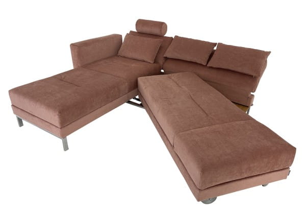 Brühl FOUR-TWO SOFT Sofa mit Recamiere links in Stoff kupfer mit integrierten Tischablagen in Eiche